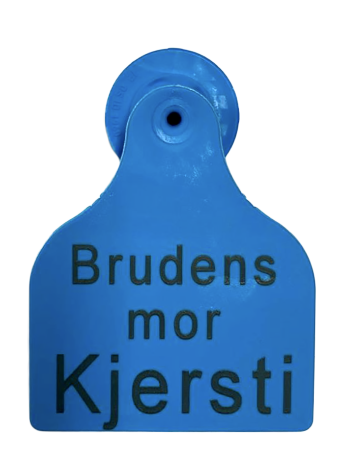 Blått øremerke stor. Bordkort hvor det står brudens mor Kjersti fordelt på tre linjer.
